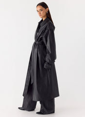 Out On The Town Faux Leather Midi Trench - Black