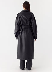 Out On The Town Faux Leather Midi Trench - Black